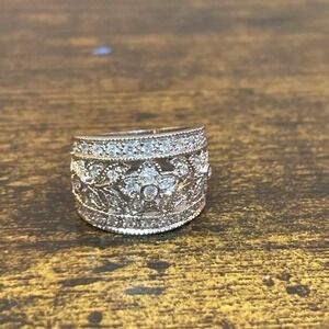 Vintage Sterling Silver Floral Filigree Band Ring With Stones 15mm Wide Size 8.5